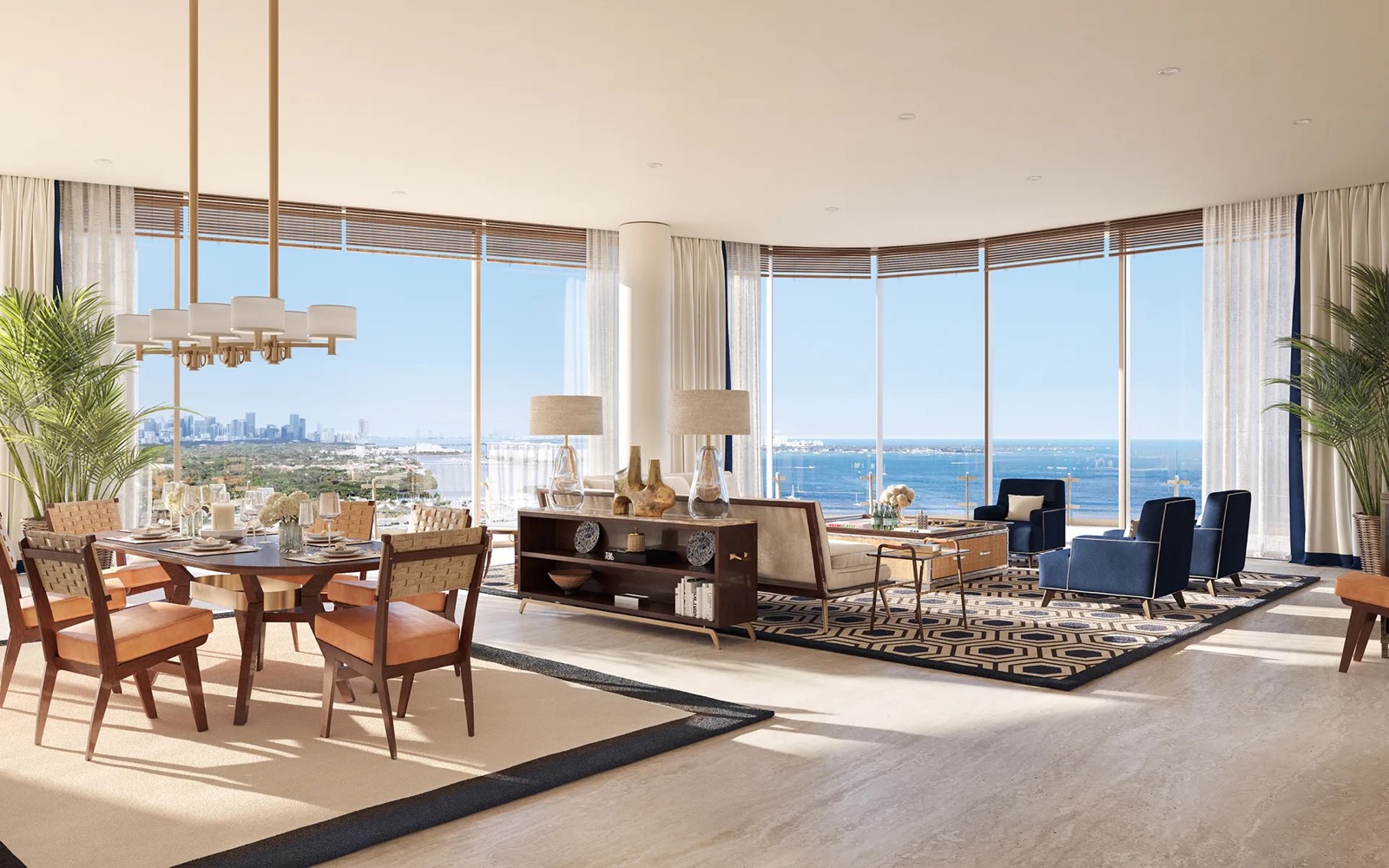 Four Seasons Coconut Grove living room rendering with floor-to-ceiling glass and bay views