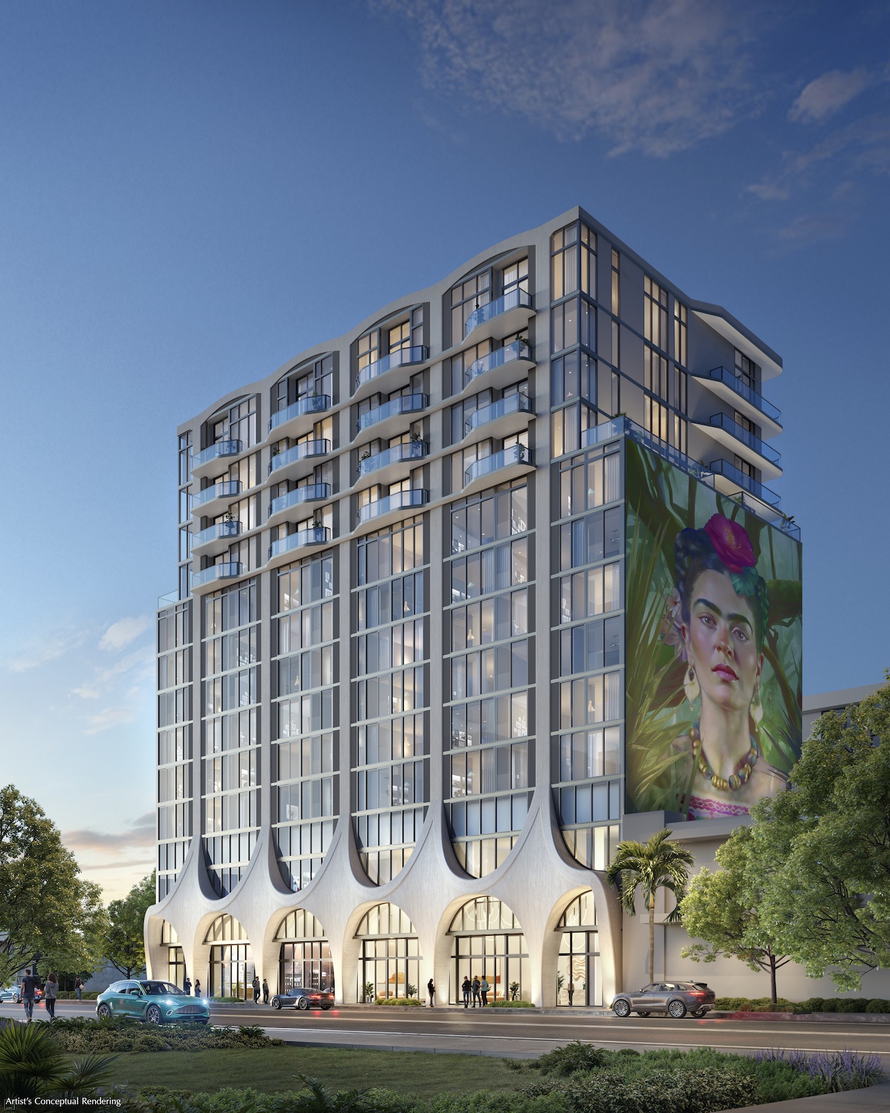 Frida Kahlo Wynwood Residences building facade rendering with a Frida Kahlo likeness, two towers at 119 NW 29th Street Wynwood
