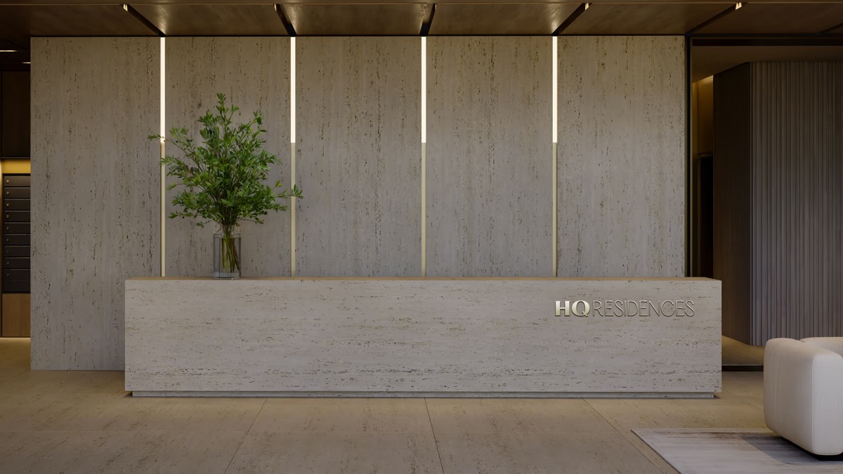 Render do interior de uma residencia do HQ Residences Miami com marcenaria italiana e pedra natural, Edgewater