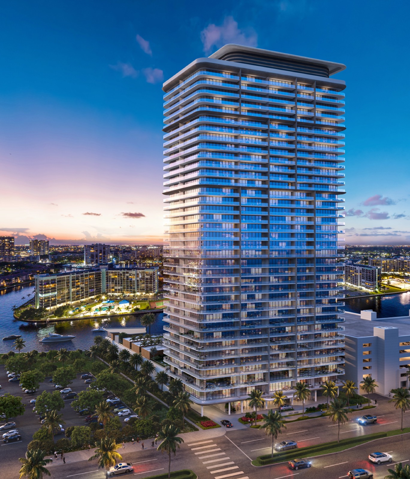 Icon Beach Waterfront Residences aerial rendering looking toward downtown from Hollywood, Florida