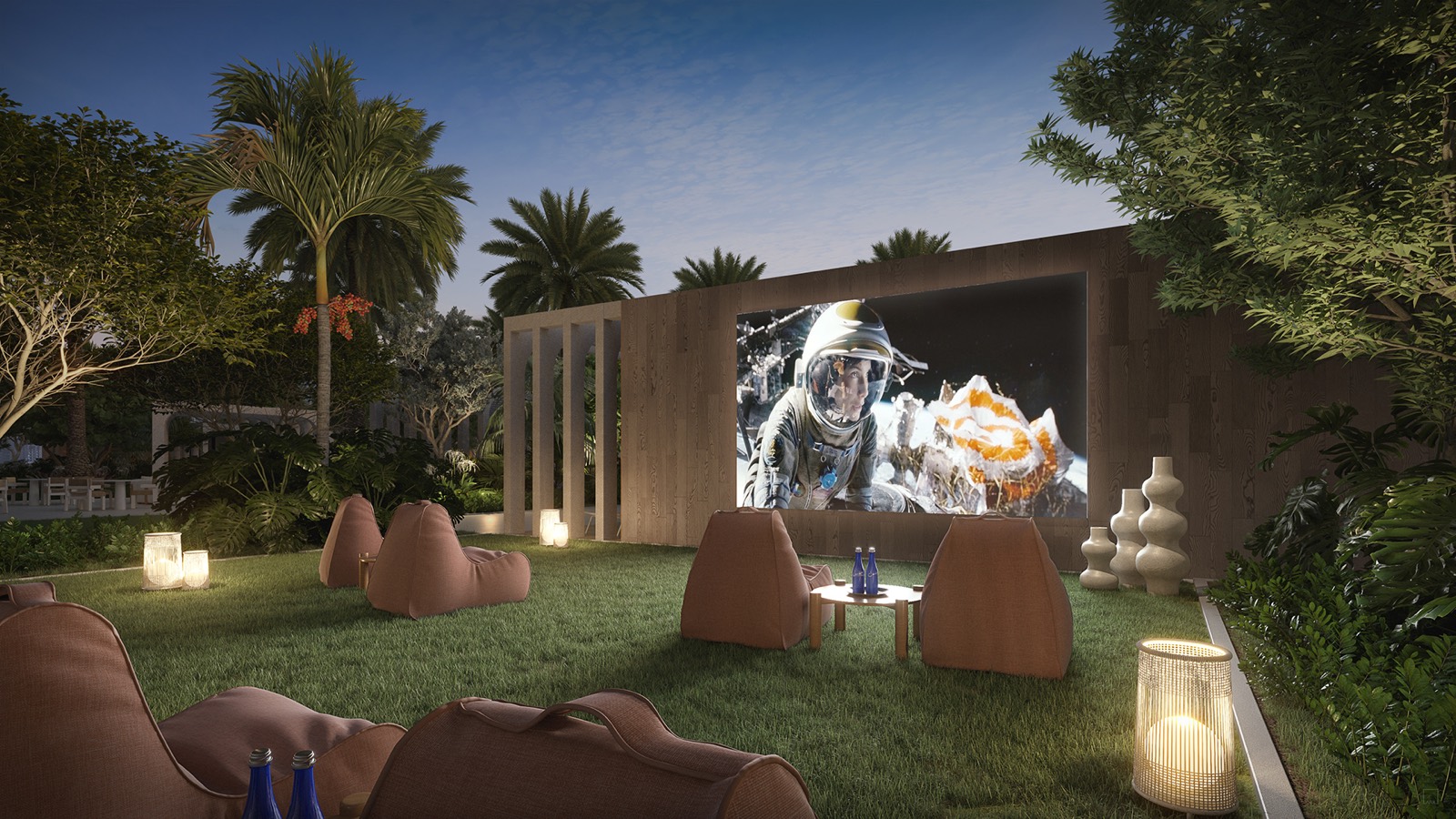 Icon Beach Waterfront Residences outdoor cinema rendering on the pool deck