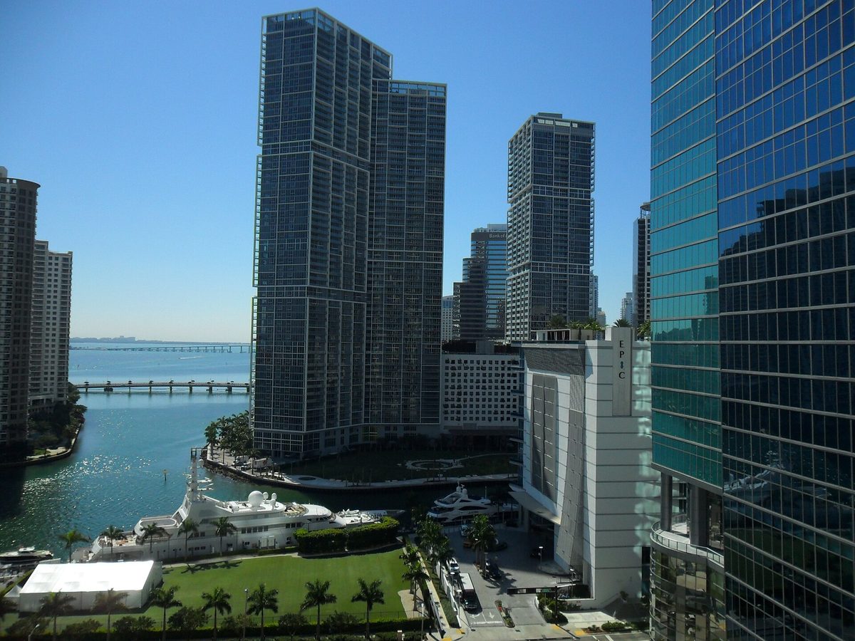 Icon Brickell complex seen from the north across the Miami River