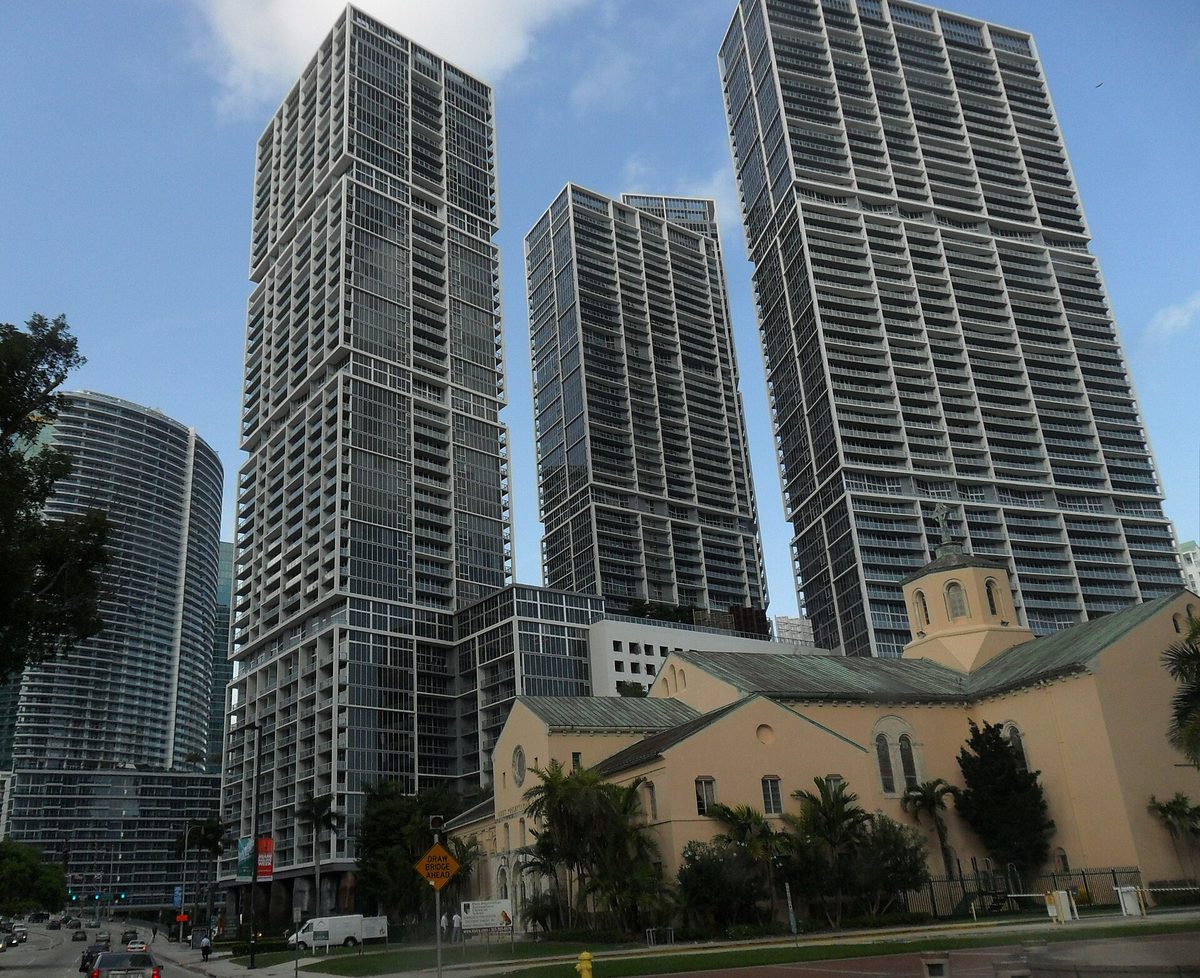 Icon Brickell twin towers from the south on Brickell Avenue