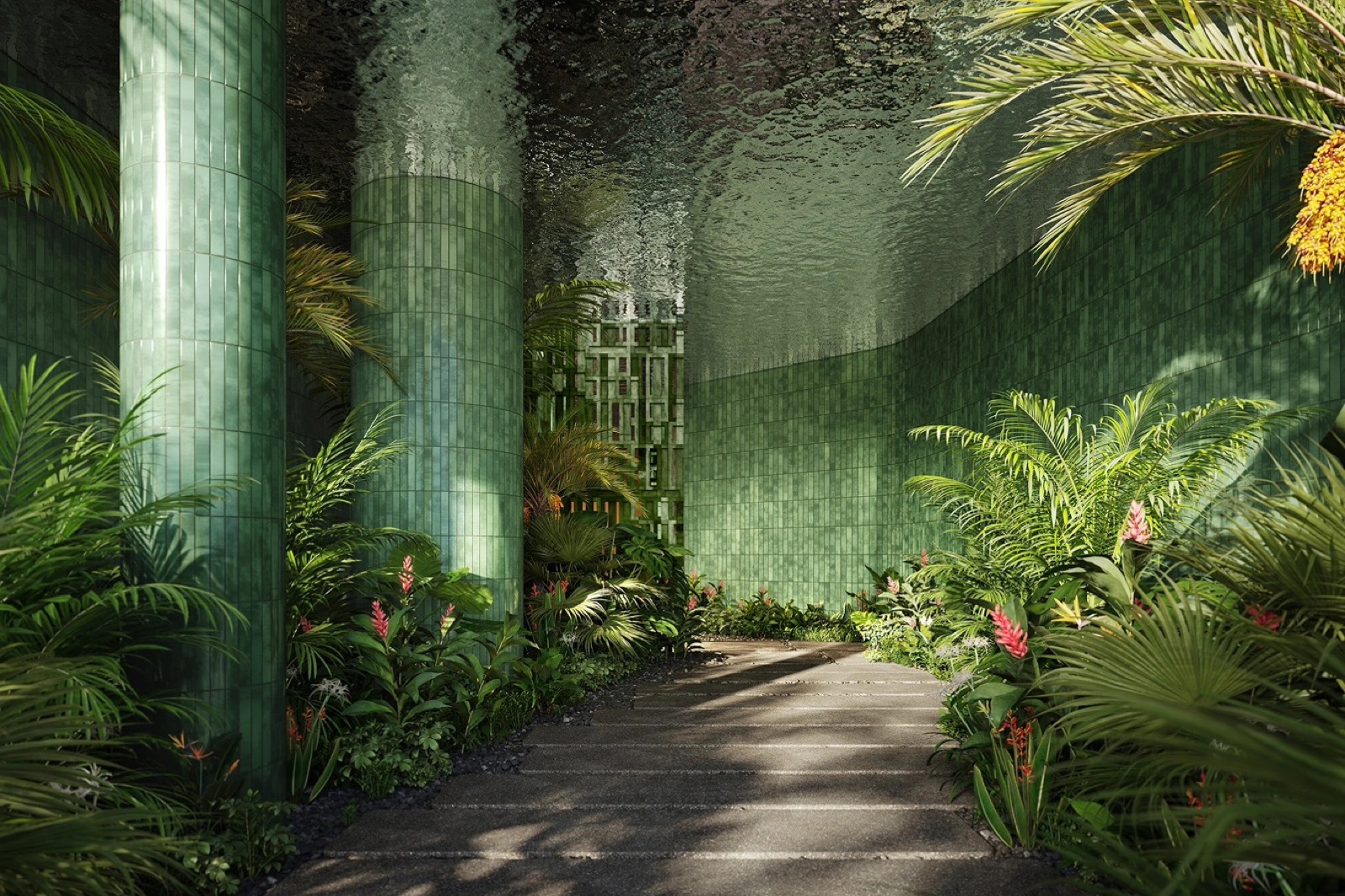 Jean-Georges Miami Tropic ground floor entryway rendering with landscaped courtyard