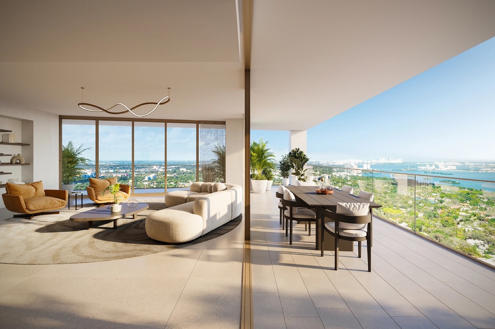 Jean-Georges Miami Tropic residence living area and terrace rendering with Yabu Pushelberg interiors