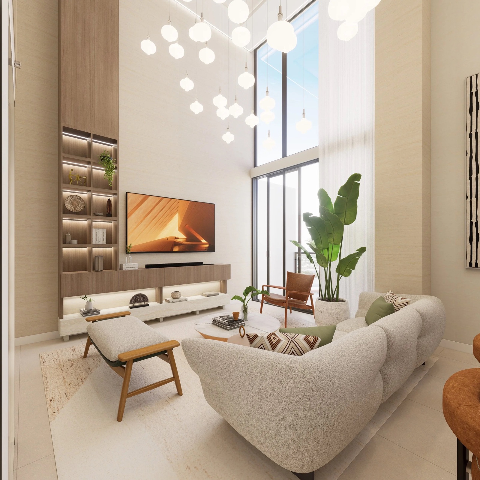 LEV at Aventura residence living room rendering with double-height glass and terrace access