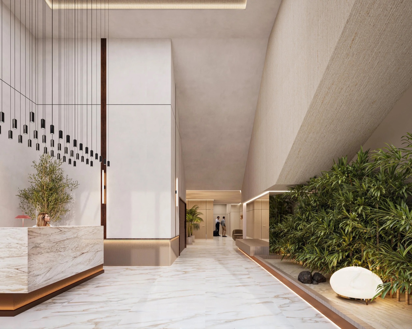 LEV at Aventura double-height lobby rendering with marble reception and living green wall