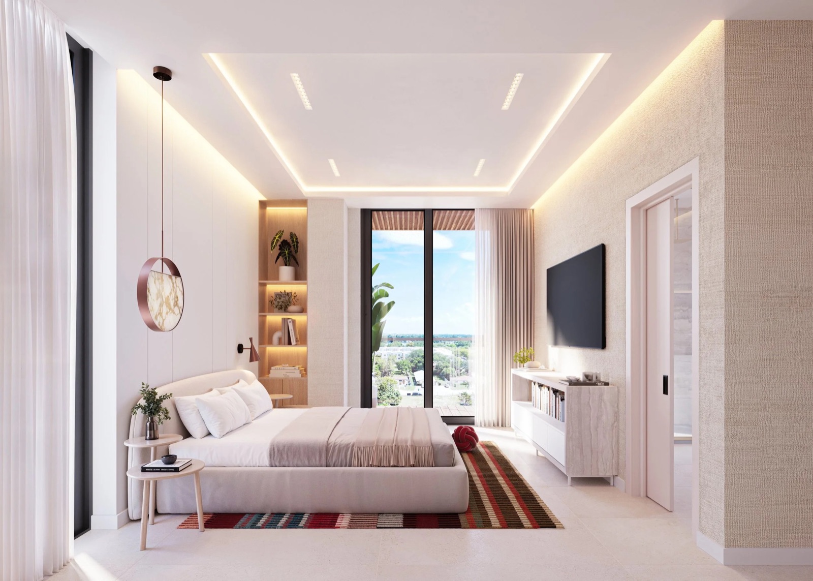 LEV at Aventura master bedroom rendering with floor-to-ceiling window facing the Aventura area
