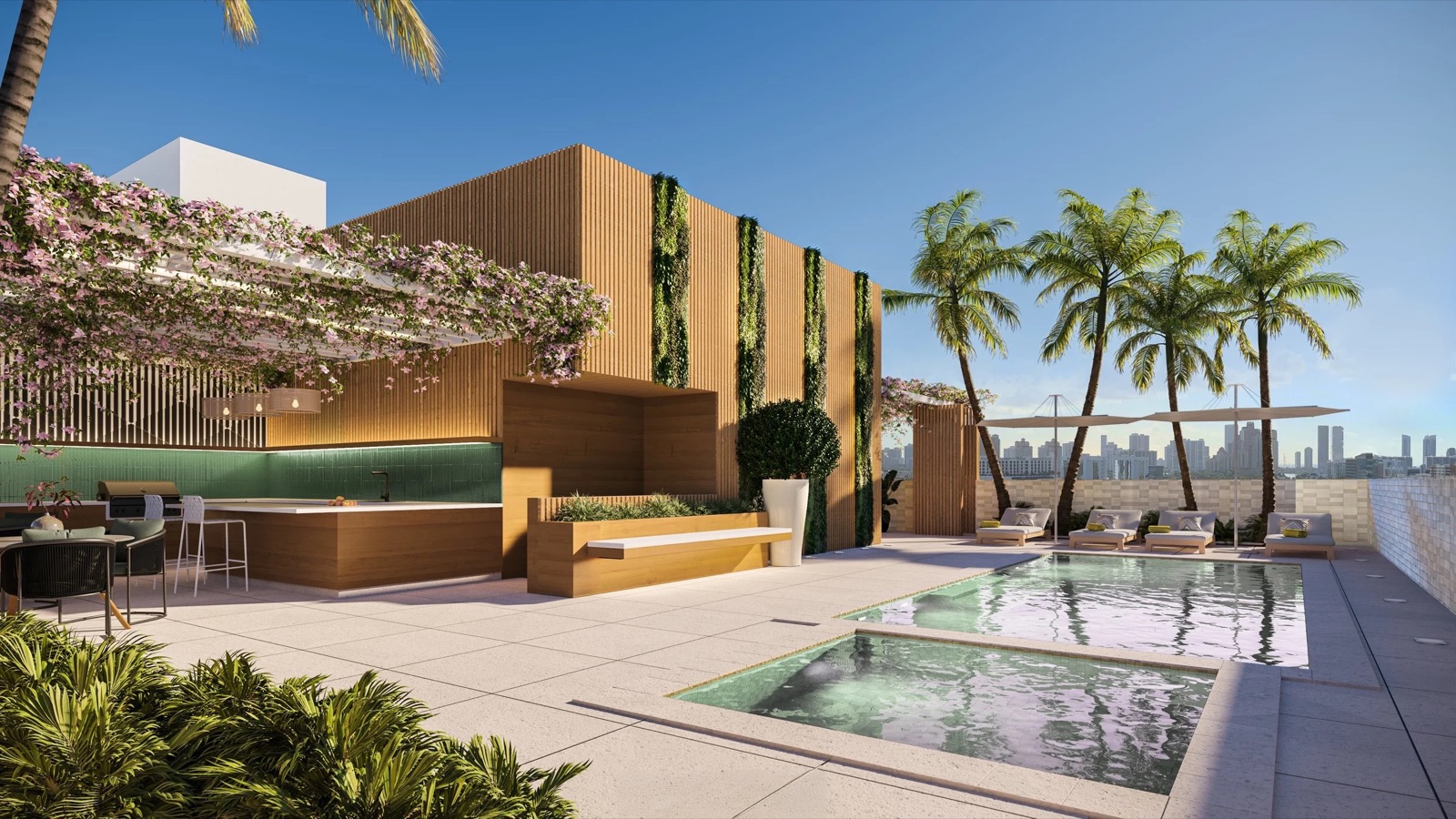 LEV at Aventura rooftop pool deck rendering with cabanas, summer kitchen, and palm trees
