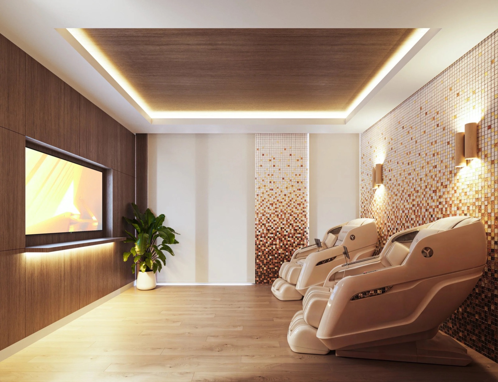 LEV at Aventura spa and wellness relaxation room rendering with massage loungers