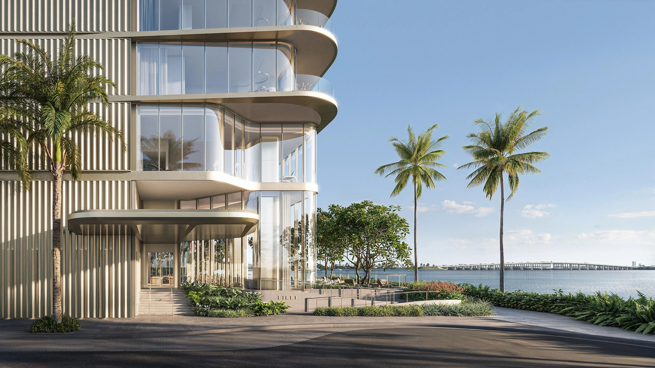 LILLI entrance rendering with curved glass balconies, palm trees, and the bay