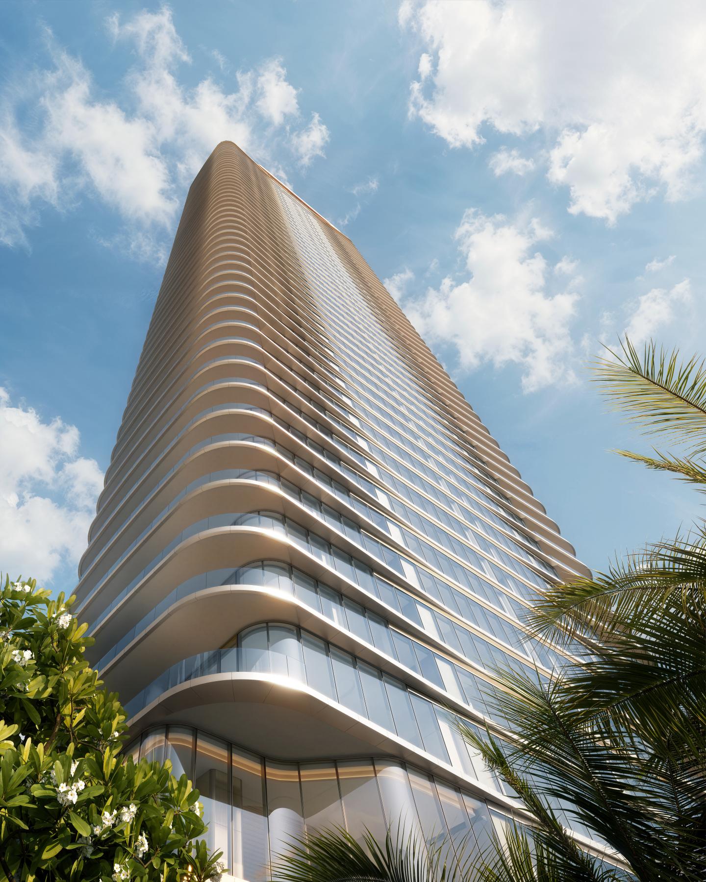 LILLI Edgewater Miami curvilinear facade rendering, low angle of the 53-story tower