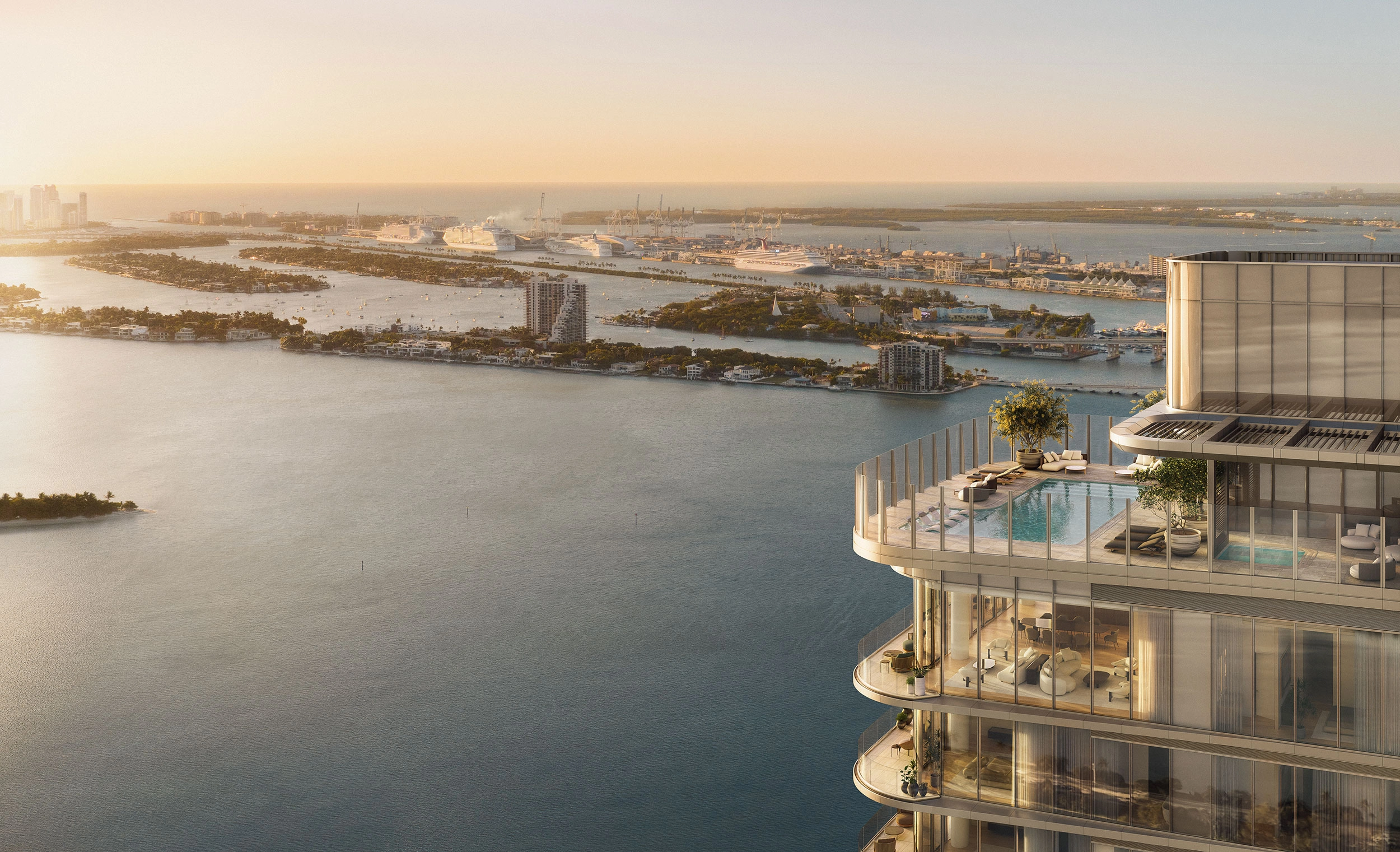 LILLI rooftop pool rendering overlooking Biscayne Bay and the islands at sunset