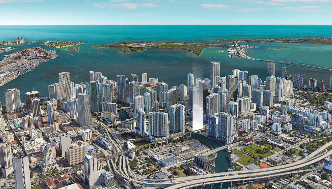 Panoramic view from Lofty Brickell overlooking Biscayne Bay and the Miami skyline