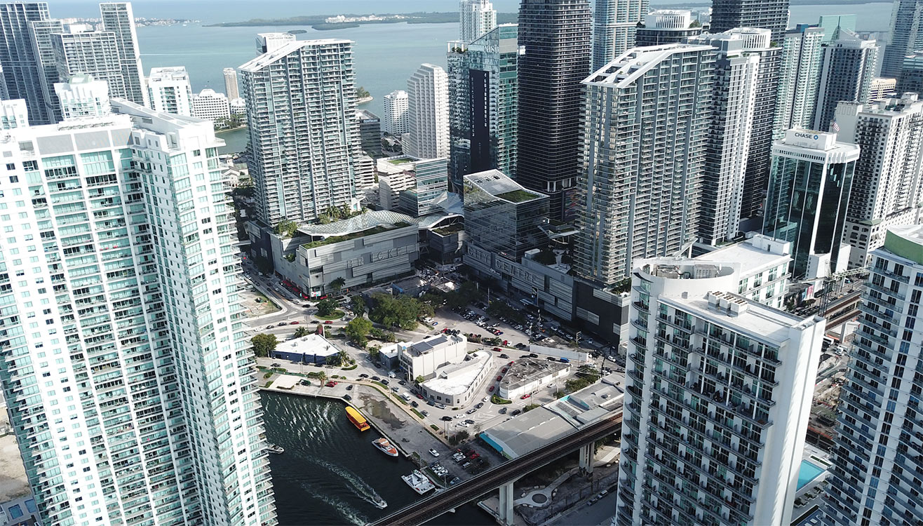 Lofty Brickell aerial perspective showing the surrounding Brickell neighborhood