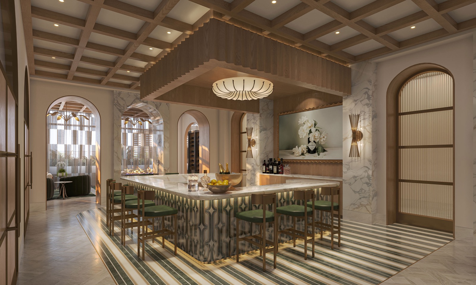 Maison d'Or lobby level resident club room rendering with bar and fireplace
