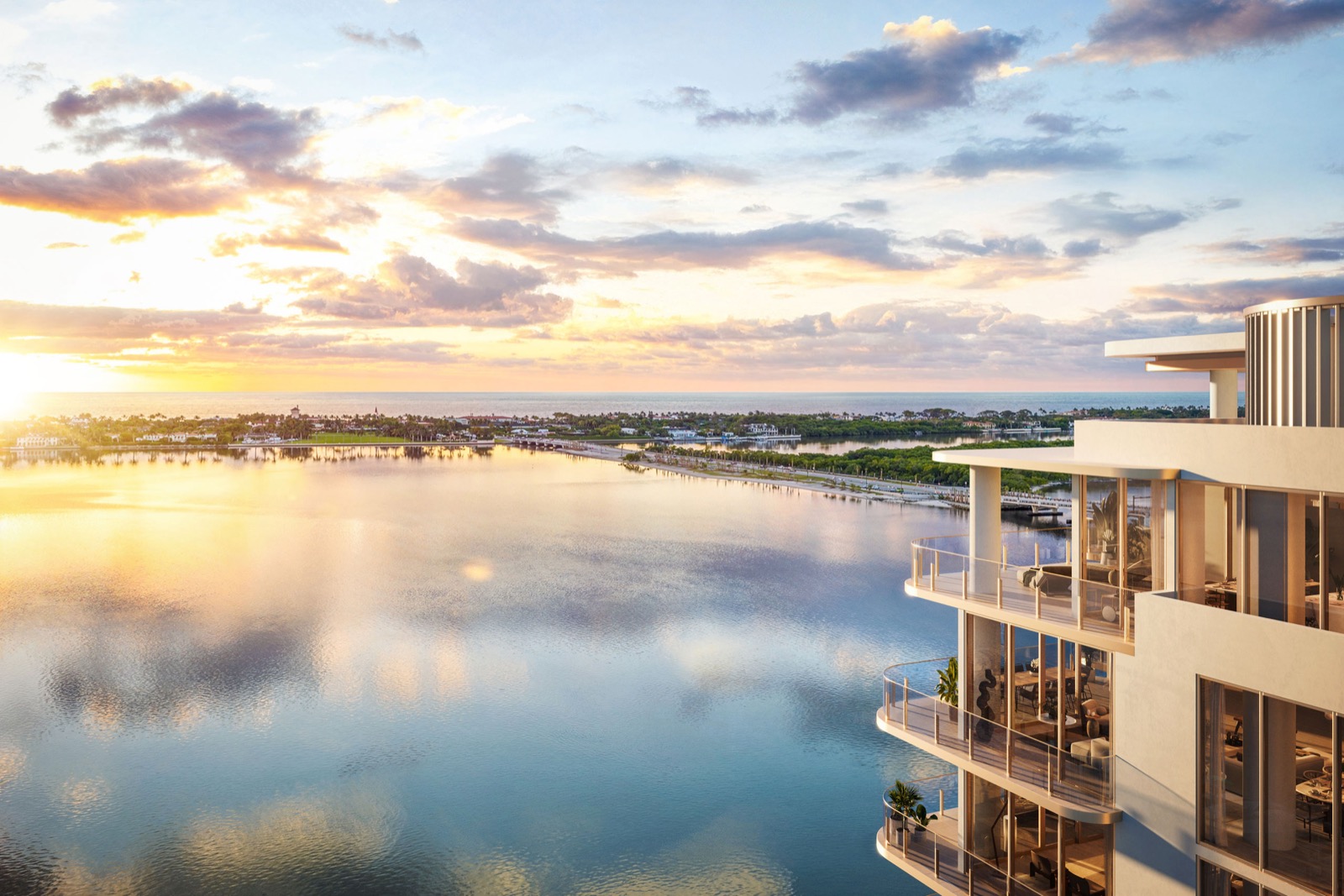 Maison d'Or West Palm Beach official rendering, waterfront terraces at 3705 South Flagler Drive looking across the Intracoastal to Palm Beach Island at sunset