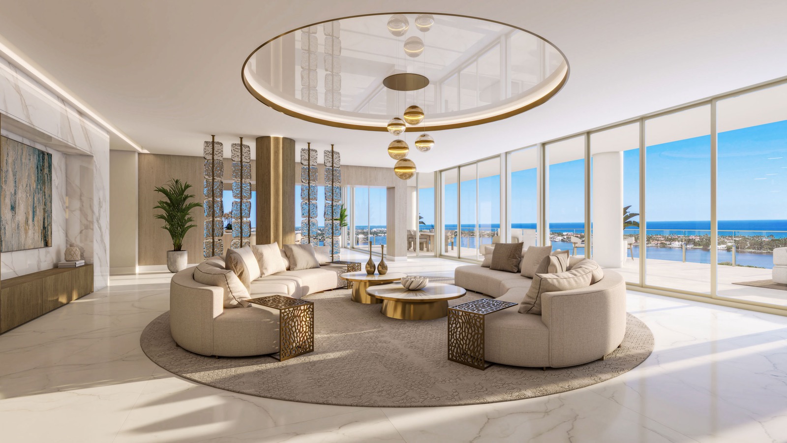 Maison d'Or level 19 full-floor penthouse great room rendering with 11-foot ceilings and floor-to-ceiling glass