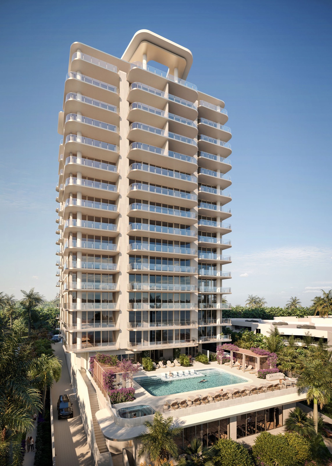 Maison d'Or resort-style waterfront pool plaza rendering with spa and Intracoastal frontage