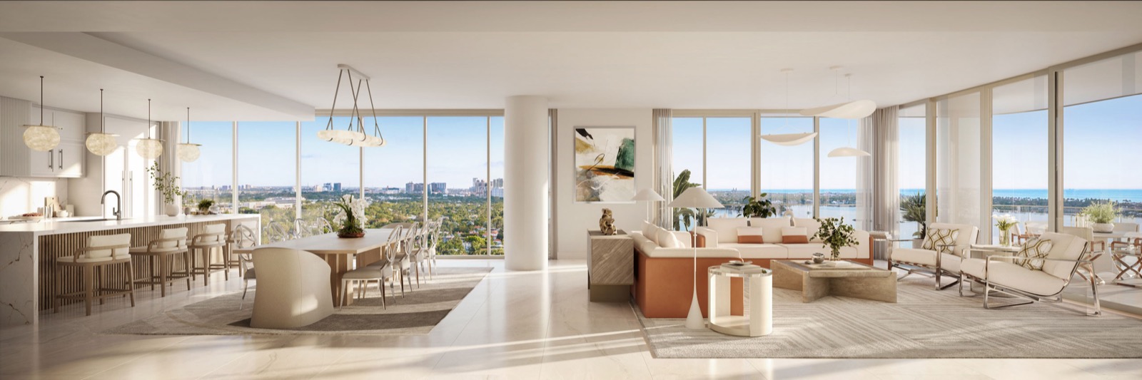 Maison d'Or Residence A great room rendering with floor-to-ceiling glass and terrace access
