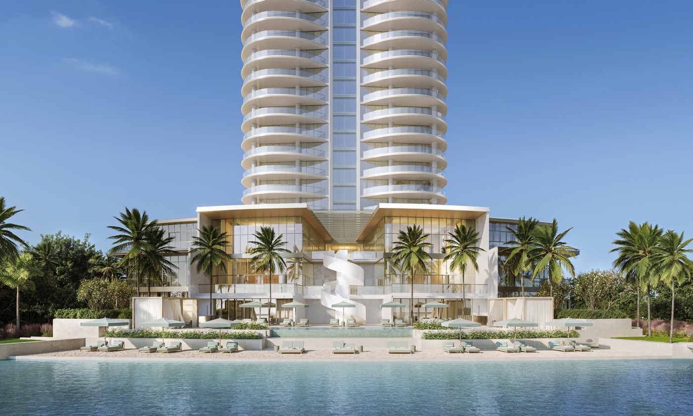 Mandarin Oriental Residences West Palm Beach podium rendering, Safdie Architects tower base at 5400 North Flagler Drive