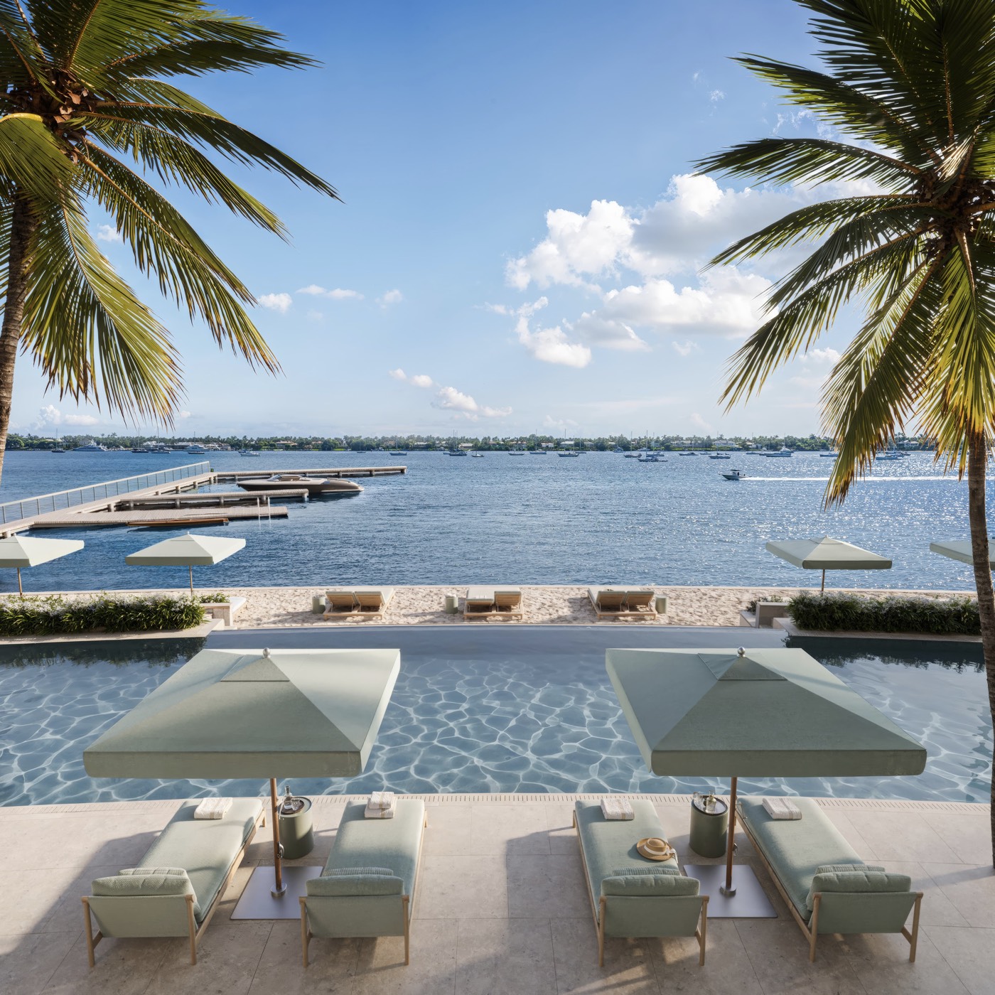 Mandarin Oriental Residences West Palm Beach rendering viewed from the pool deck toward the Intracoastal Waterway