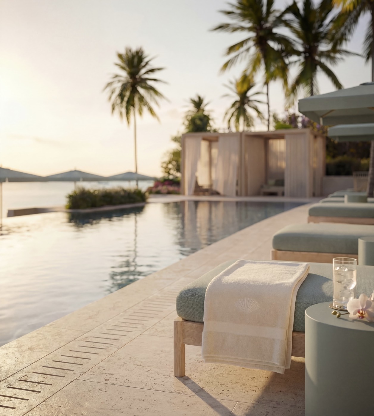 Mandarin Oriental Residences West Palm Beach ground-level pool and bar rendering with garden lounge