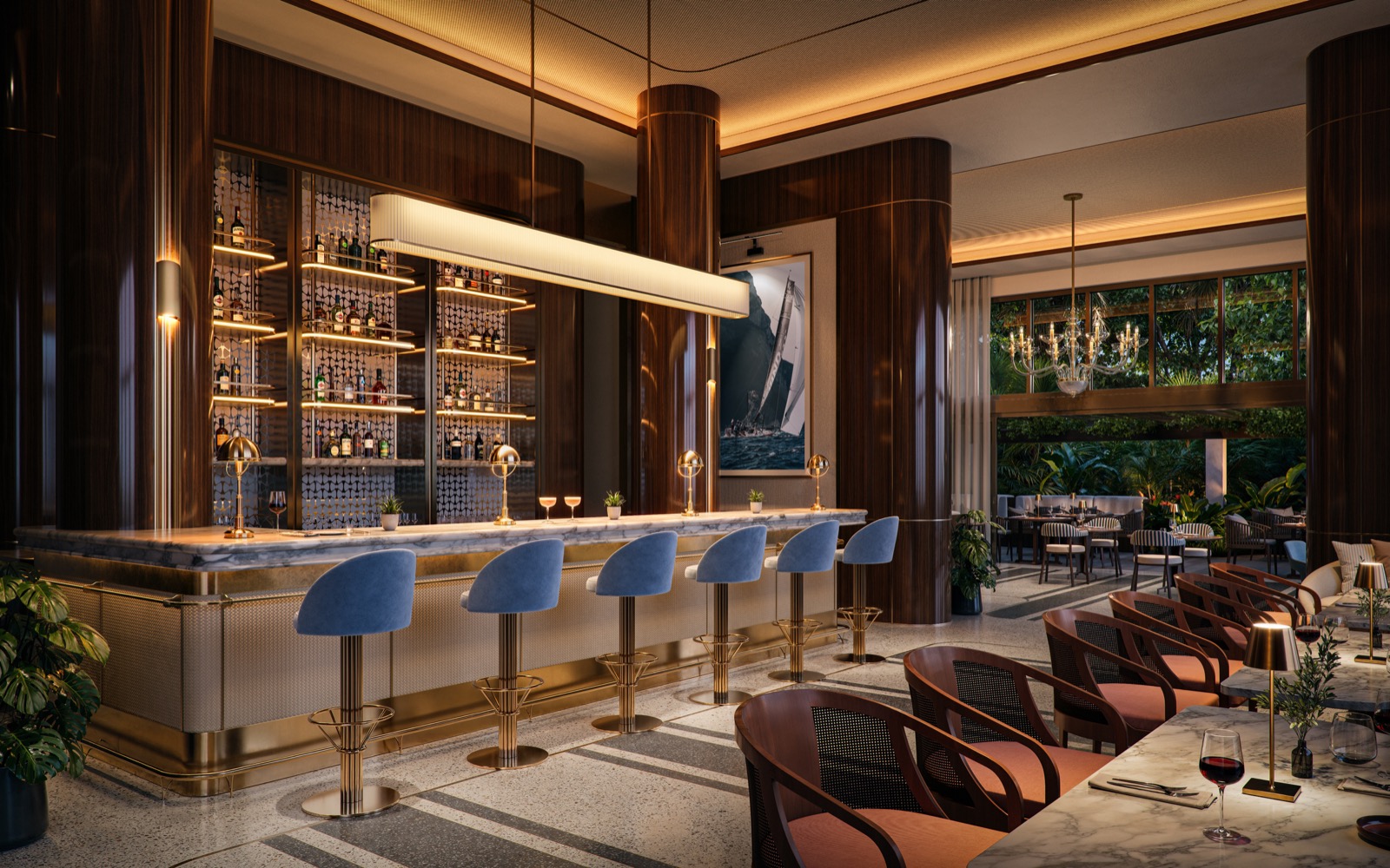 Bellini Restaurant bar rendering with blue velvet stools at Mr. C Residences Boca Raton