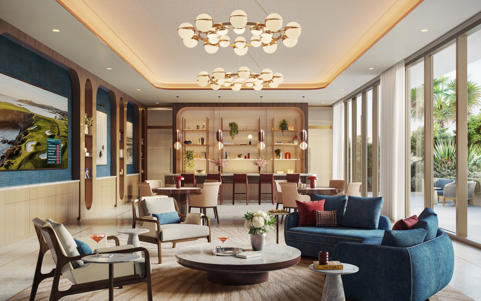 Mr. C Residences Boca Raton residents lounge rendering with sofas and floor-to-ceiling windows