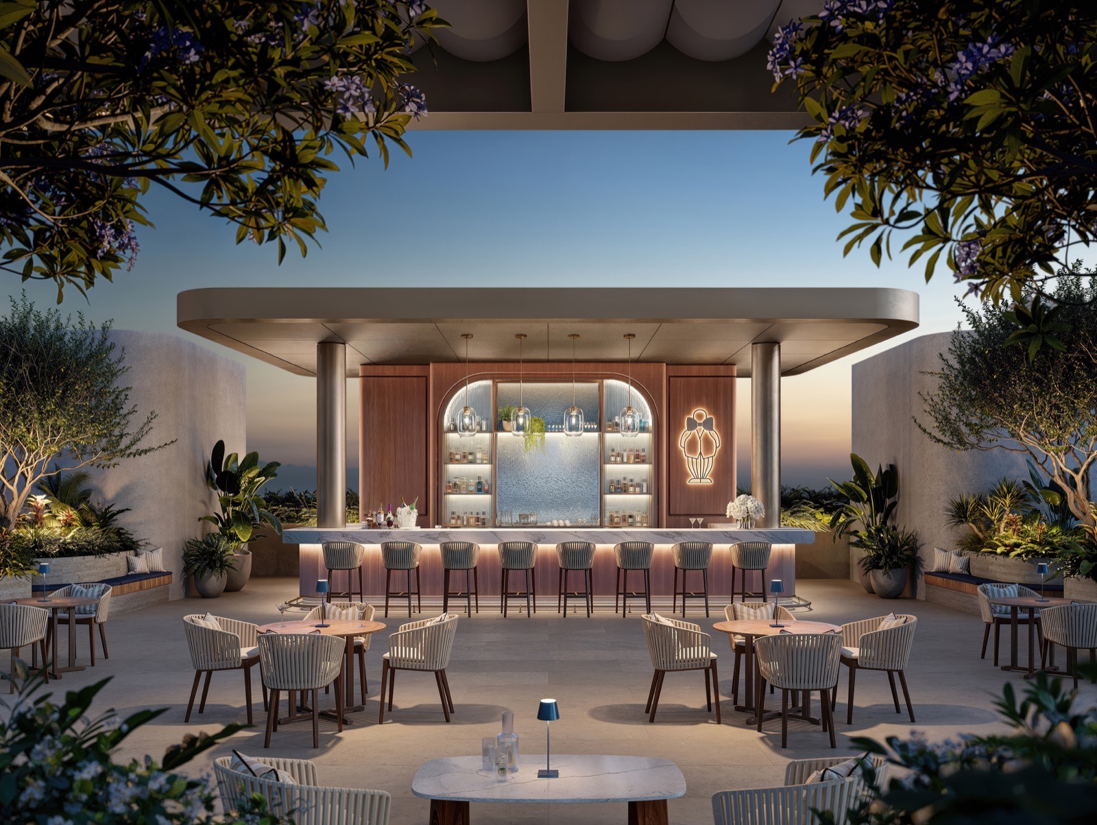Mr. C Bar and Lounge rooftop bar rendering with circular counter and outdoor seating in Boca Raton
