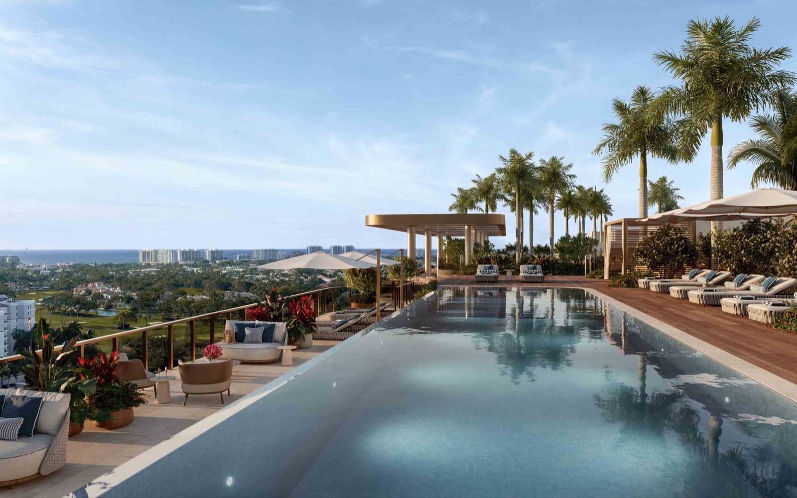 Mr. C Residences Boca Raton rooftop infinity pool rendering with cabanas, lounge chairs, and palm trees