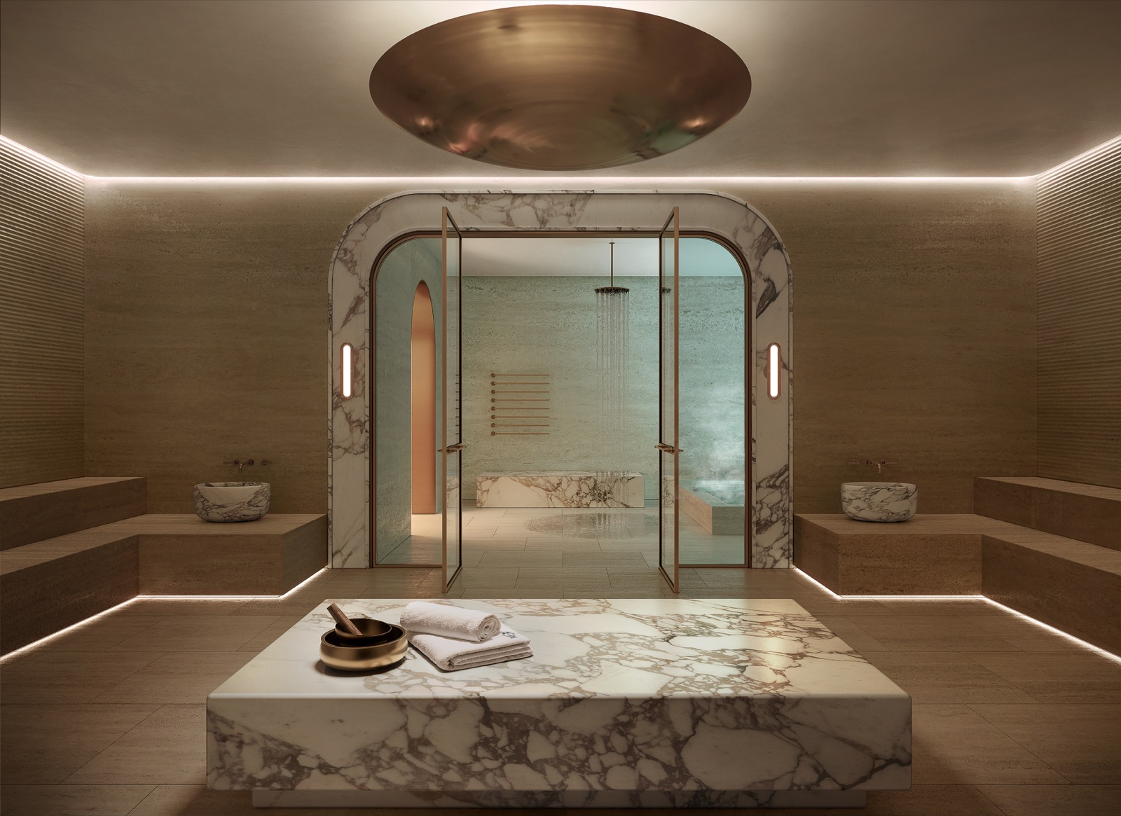 Mr. C Residences Boca Raton signature spa and marble hammam rendering with stone benches