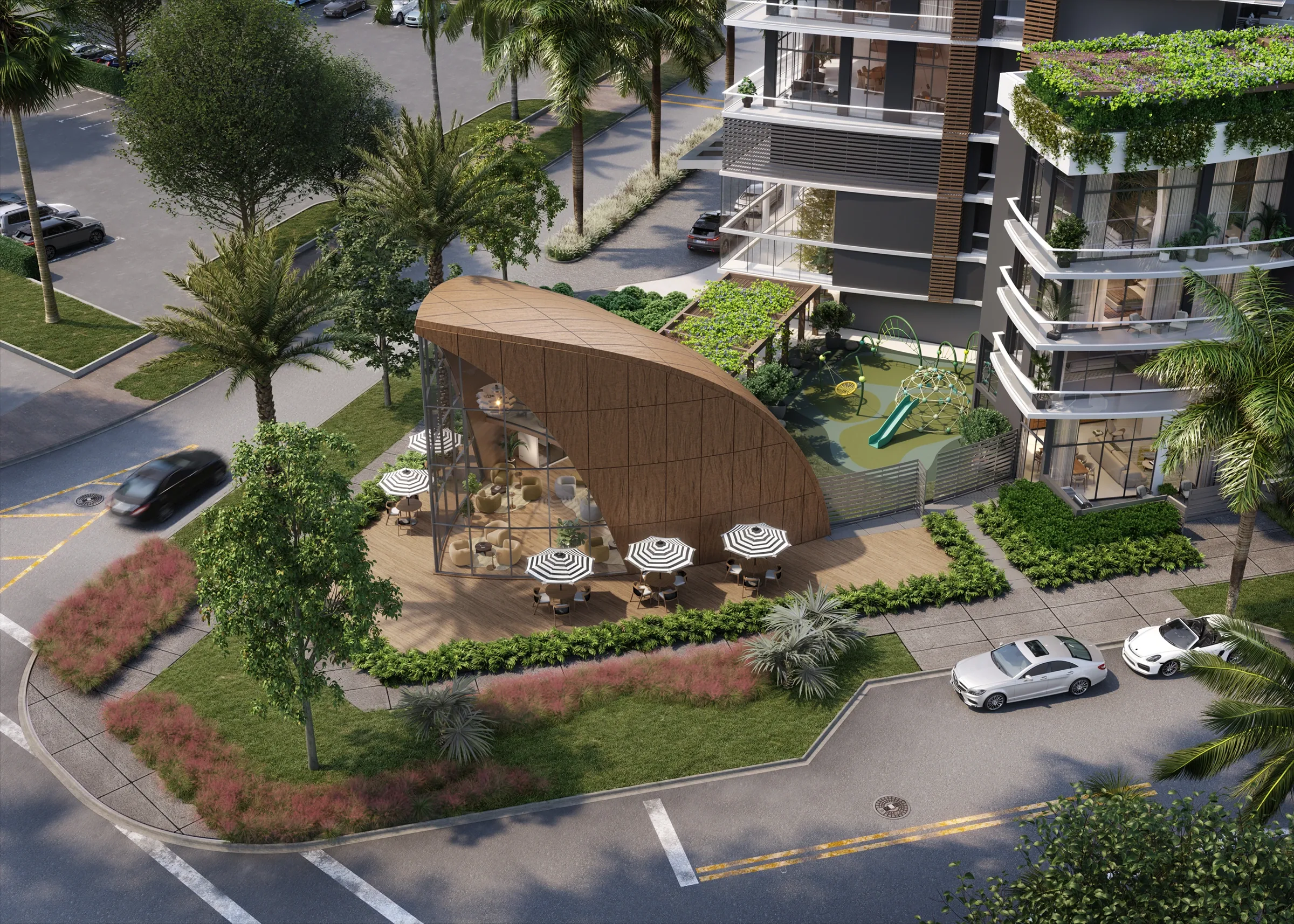 Nexo Residences two-story Tech Center rendering with coworking desks and lounge seating