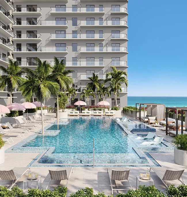 NoBe Parc resort-style pool deck rendering with integrated spa, cabanas, and ocean view
