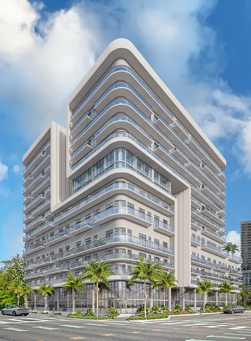 NoBe Parc Miami Beach street-level building rendering, curved Arquitectonica facade at 7140 Abbott Avenue