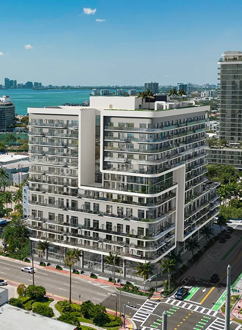 NoBe Parc Miami Beach aerial rendering, 14-level tower with Biscayne Bay behind