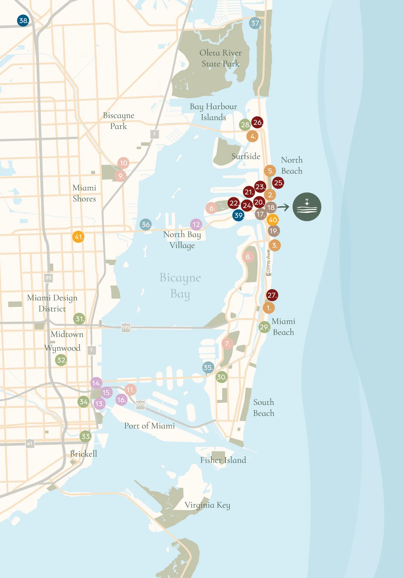 NoBe Parc Miami Beach neighborhood map showing North Beach parks, dining, golf, and beaches