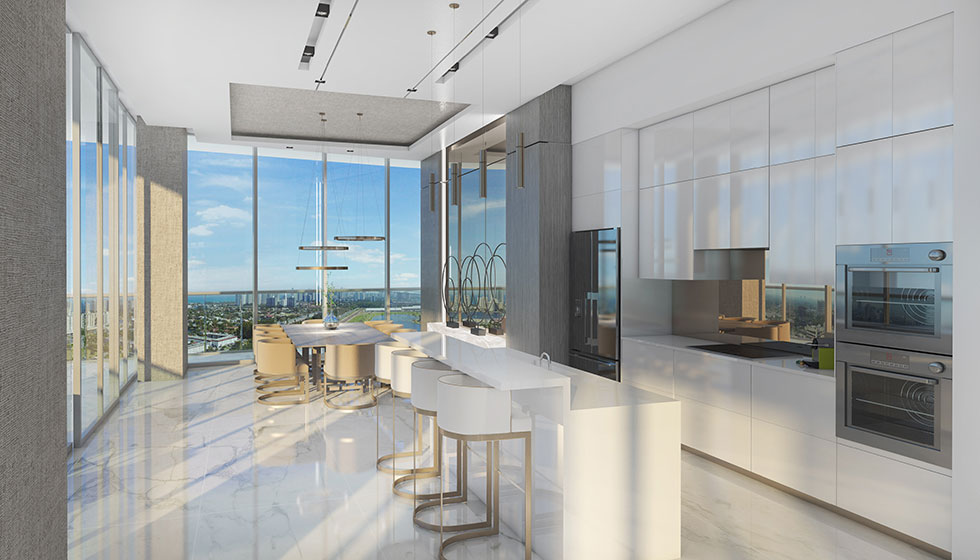 Oasis Hallandale Beach penthouse gourmet kitchen with premium finishes