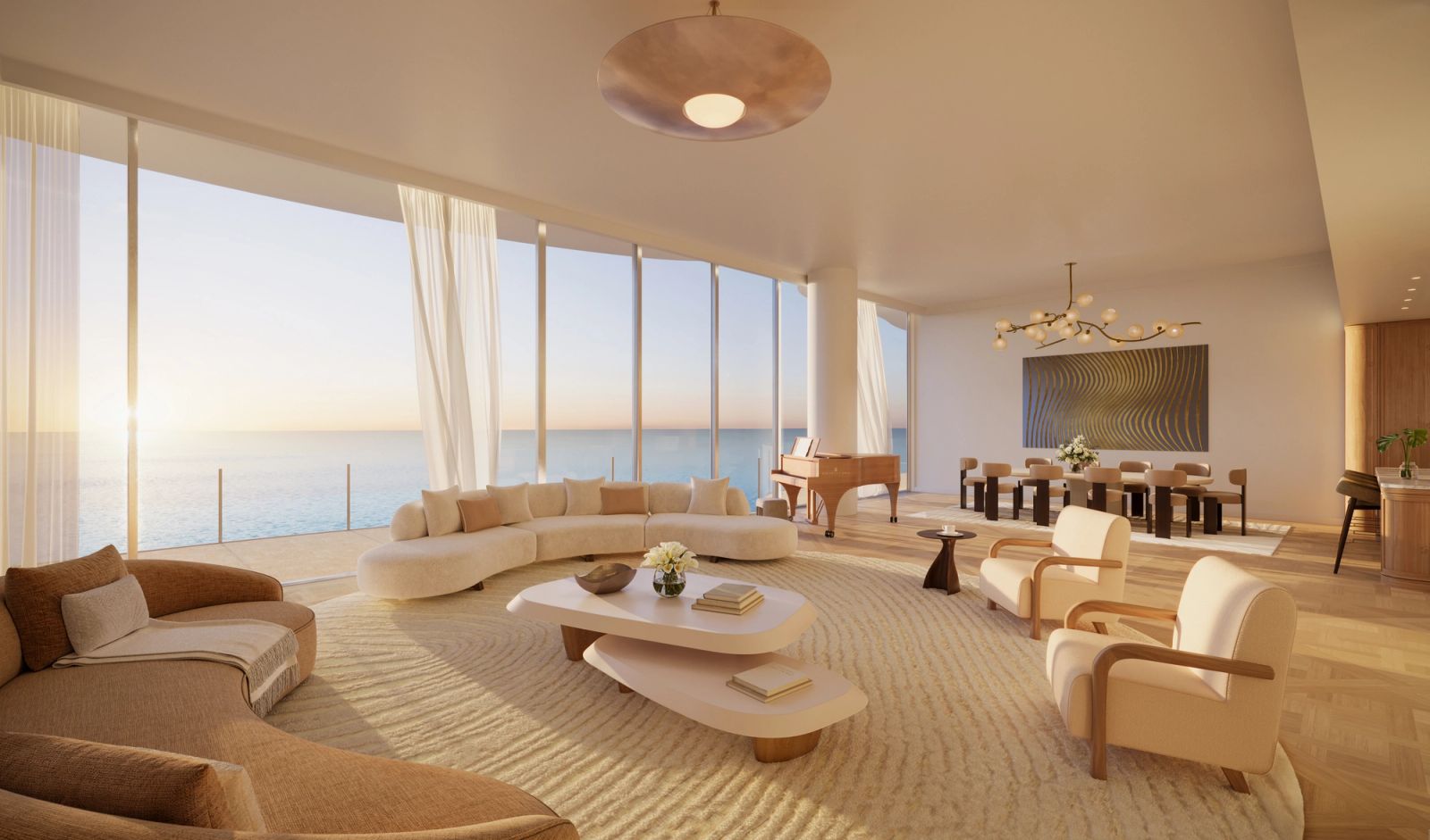Ocean Terrace boutique residence great room rendering by RAMSA with floor to ceiling windows and ocean views