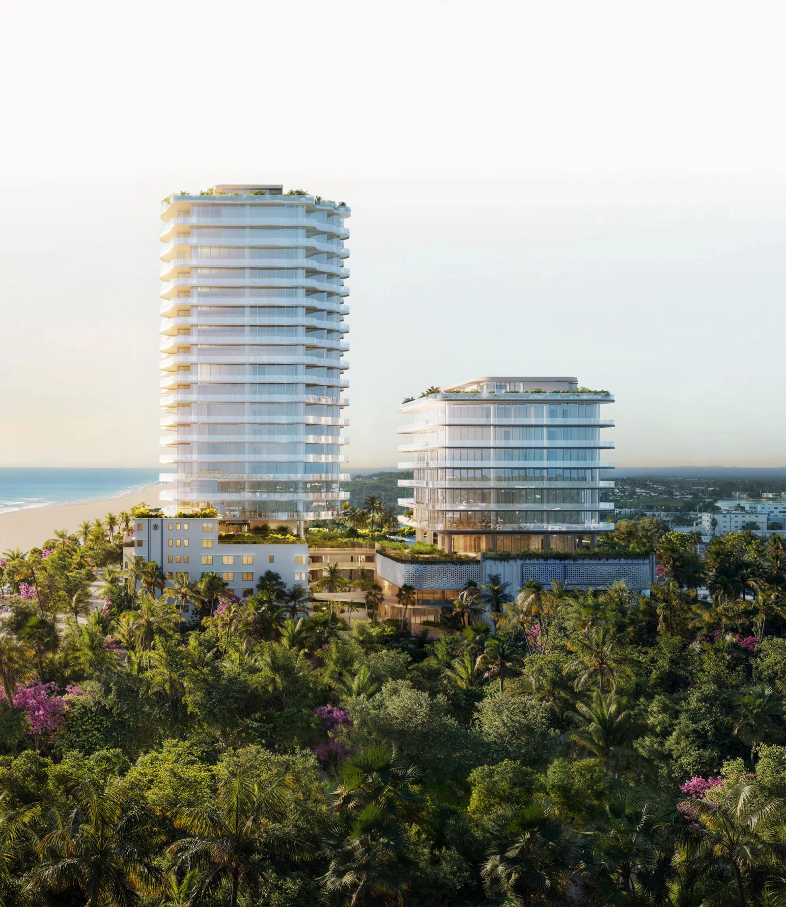 Ocean Terrace Residences Miami Beach official rendering, two glass towers above tropical parkland with direct beachfront access at 740 Ocean Terrace