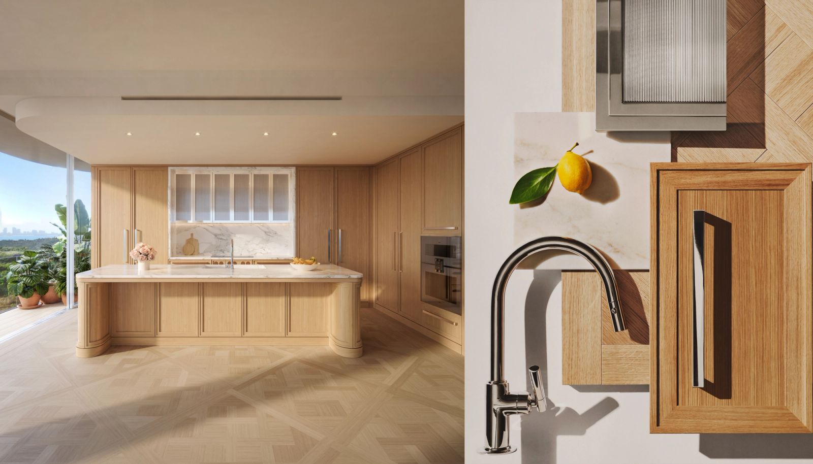 Ocean Terrace boutique residence kitchen rendering with white marble island and custom RAMSA white-oak cabinetry