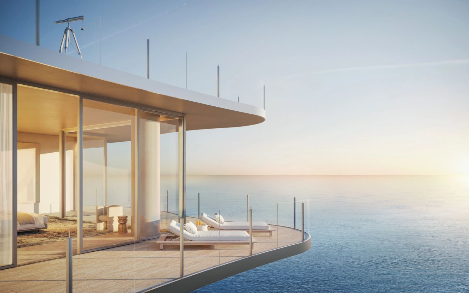 Ocean Terrace Miami Beach penthouse terrace rendering with floor to ceiling windows and panoramic Atlantic view at sunset