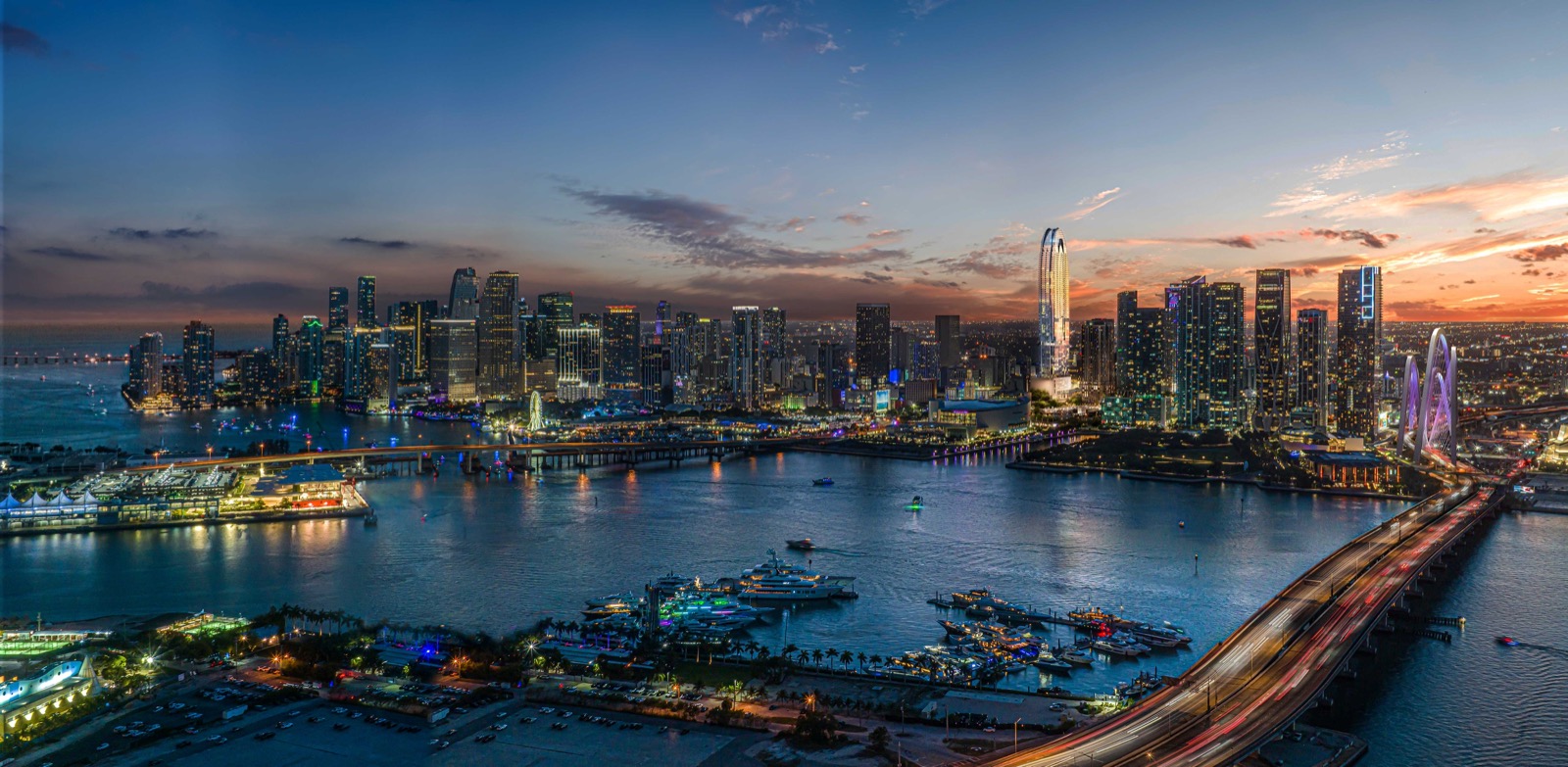 Okan Tower official rendering, 902-foot tulip-shaped supertall on the Downtown Miami skyline at dusk