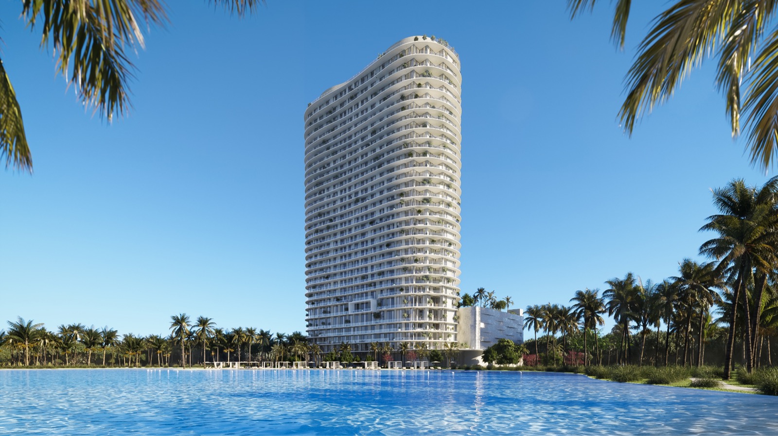 ONE Park Tower by Turnberry official rendering, 33-story Arquitectonica tower across the seven-acre Laguna SoLe Crystal Lagoon in North Miami