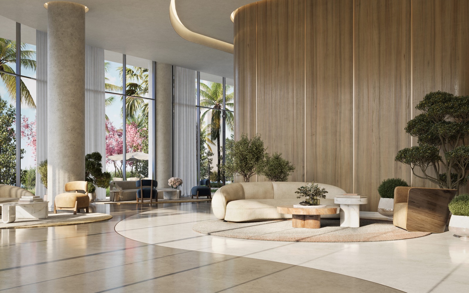 ONE Park Tower residential lobby rendering with double-height windows and interiors by Meyer Davis Studio