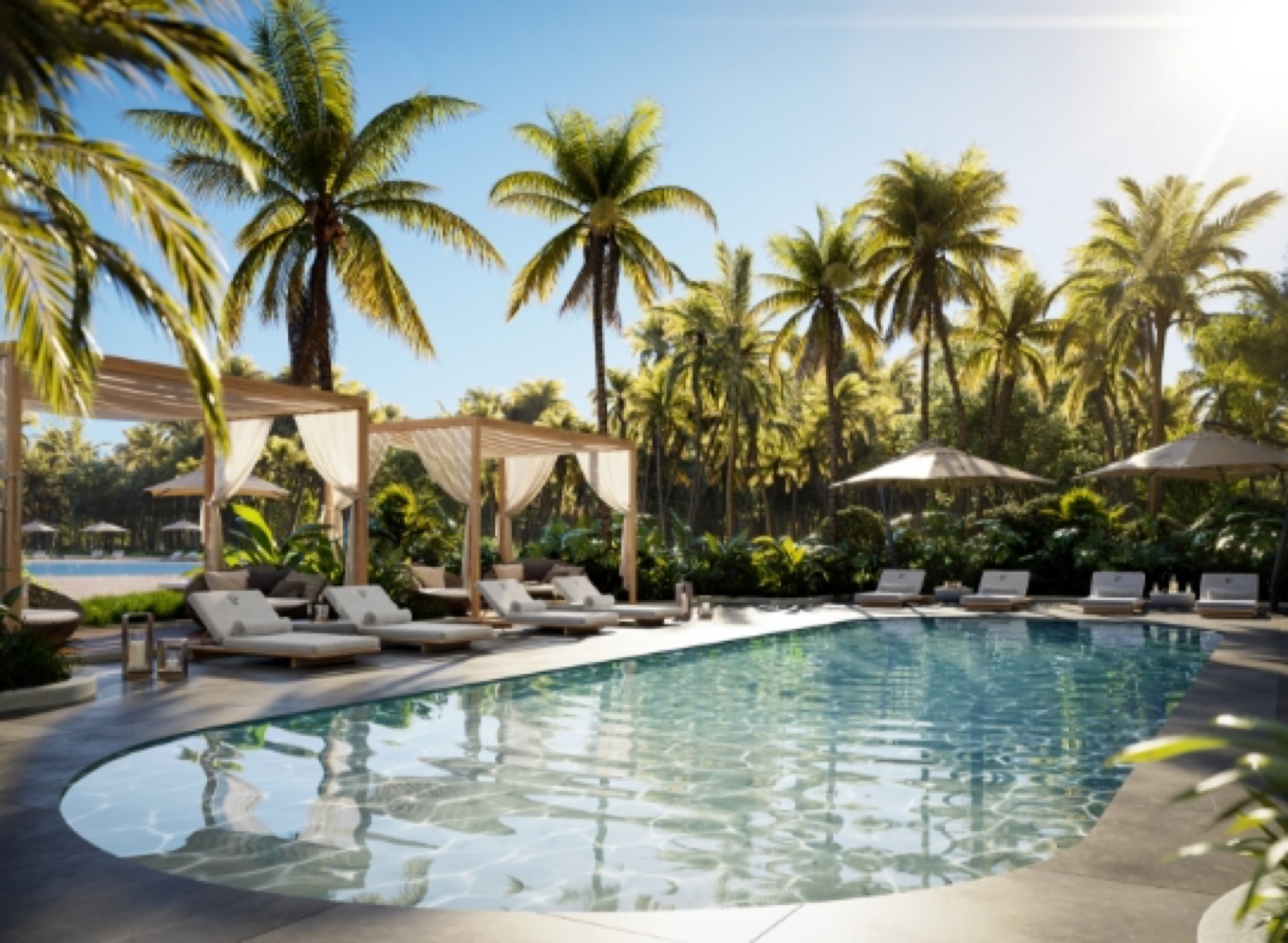 ONE Park Tower private residents pool deck rendering with cabanas and lounge seating