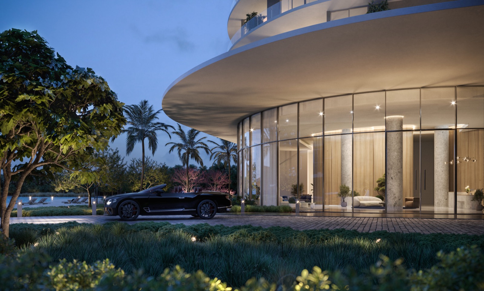 ONE Park Tower private residential porte cochere and lobby arrival rendering at dusk