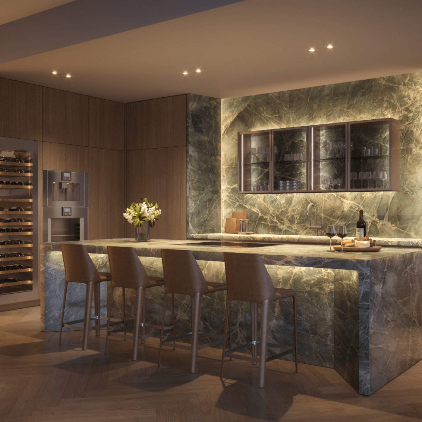 Pagani Residences kitchen rendering with Italian Schiffini cabinetry and a 10-foot island