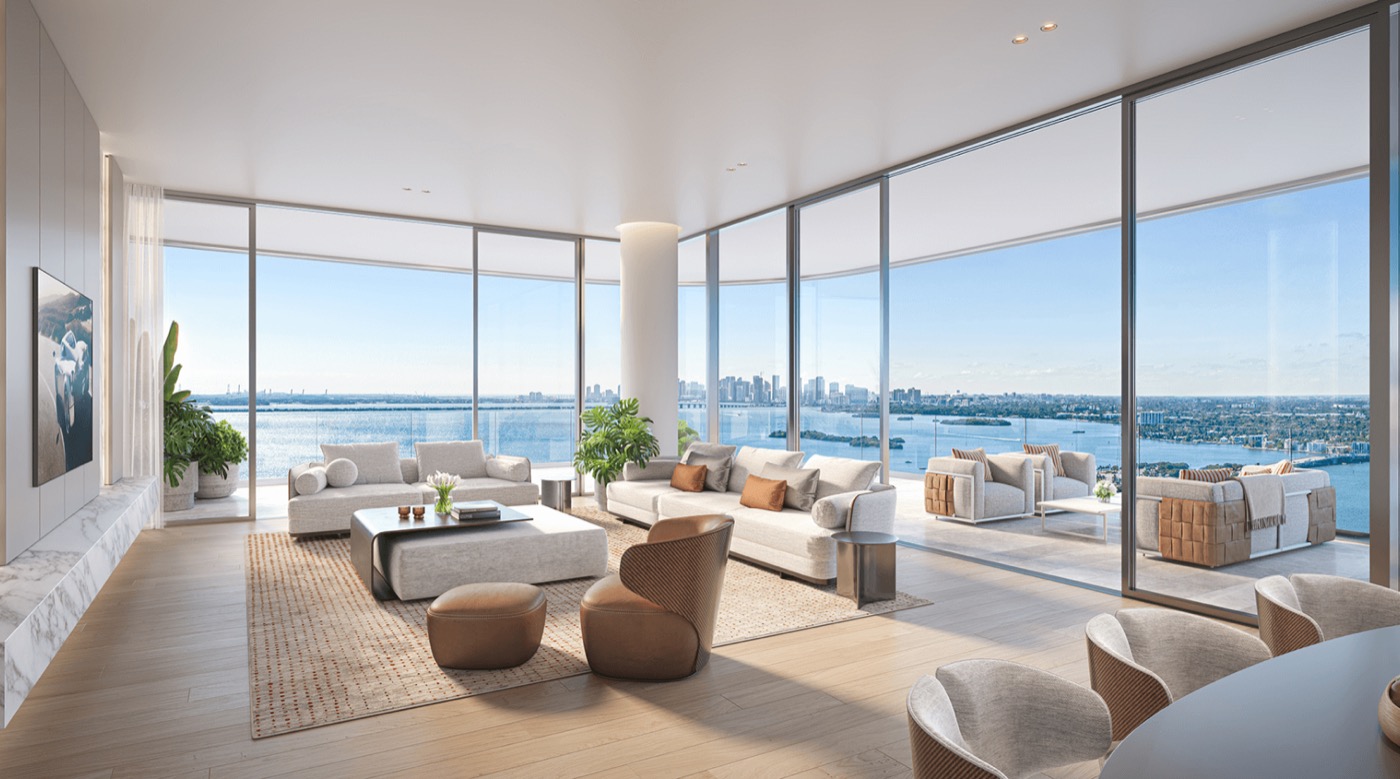 Pagani Residences living room rendering with 11-foot ceilings and Biscayne Bay views