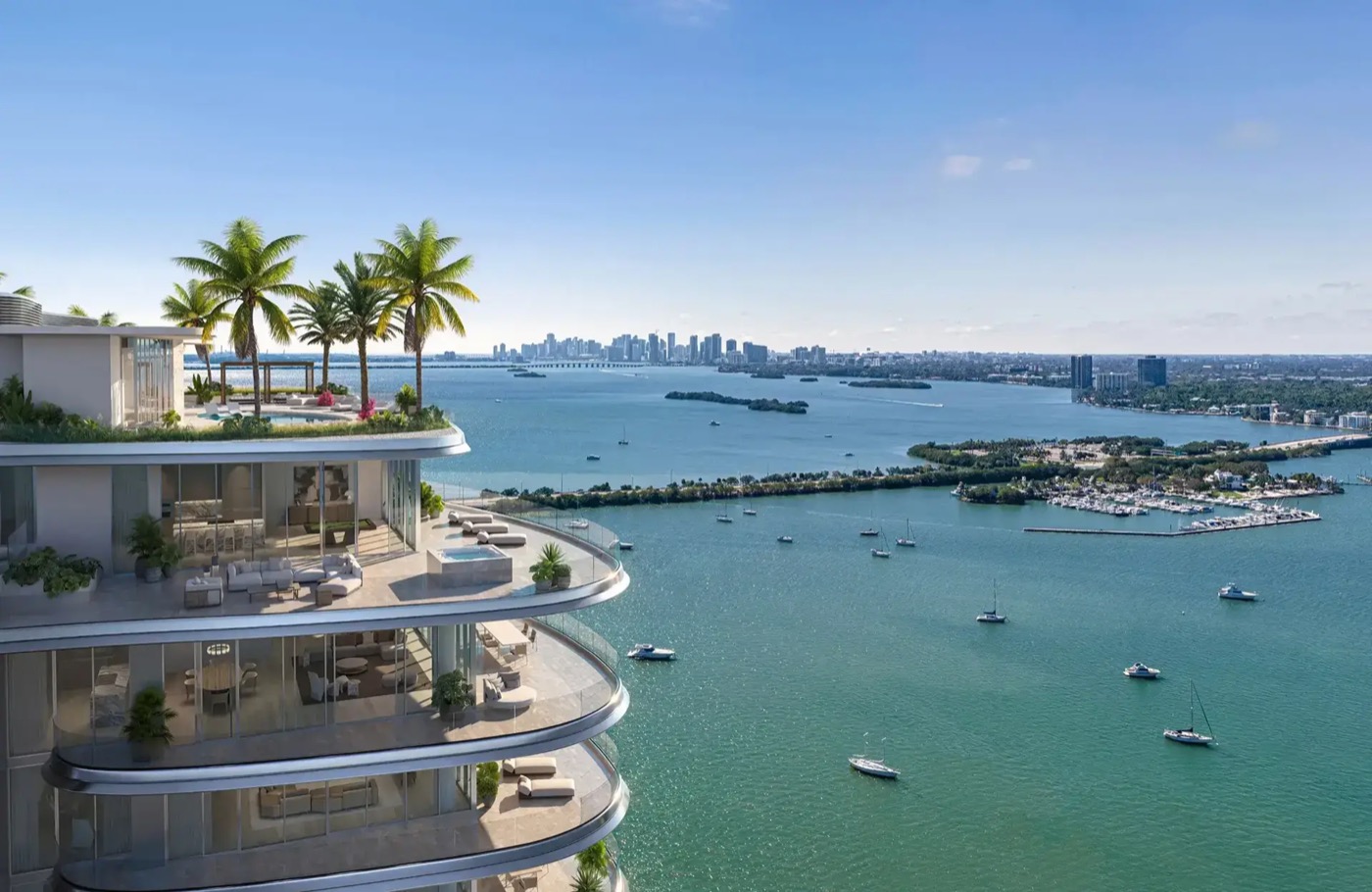 Pagani Residences rooftop pool rendering with 360-degree views over Biscayne Bay